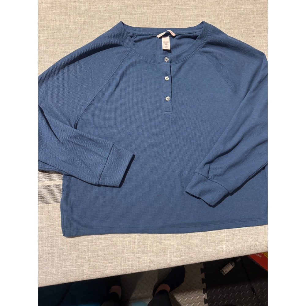 VICTORIAS SECRET Womens Blue Waffle Knit Long Sleeve Henley Top Size M